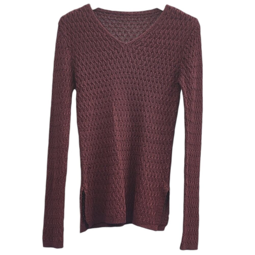 Burgundy/Redish-Brown Cable-Knit Sweater Size Small Repaired Good Condition
